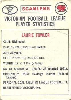 1974 Scanlens VFL #52 Laurie Fowler Back